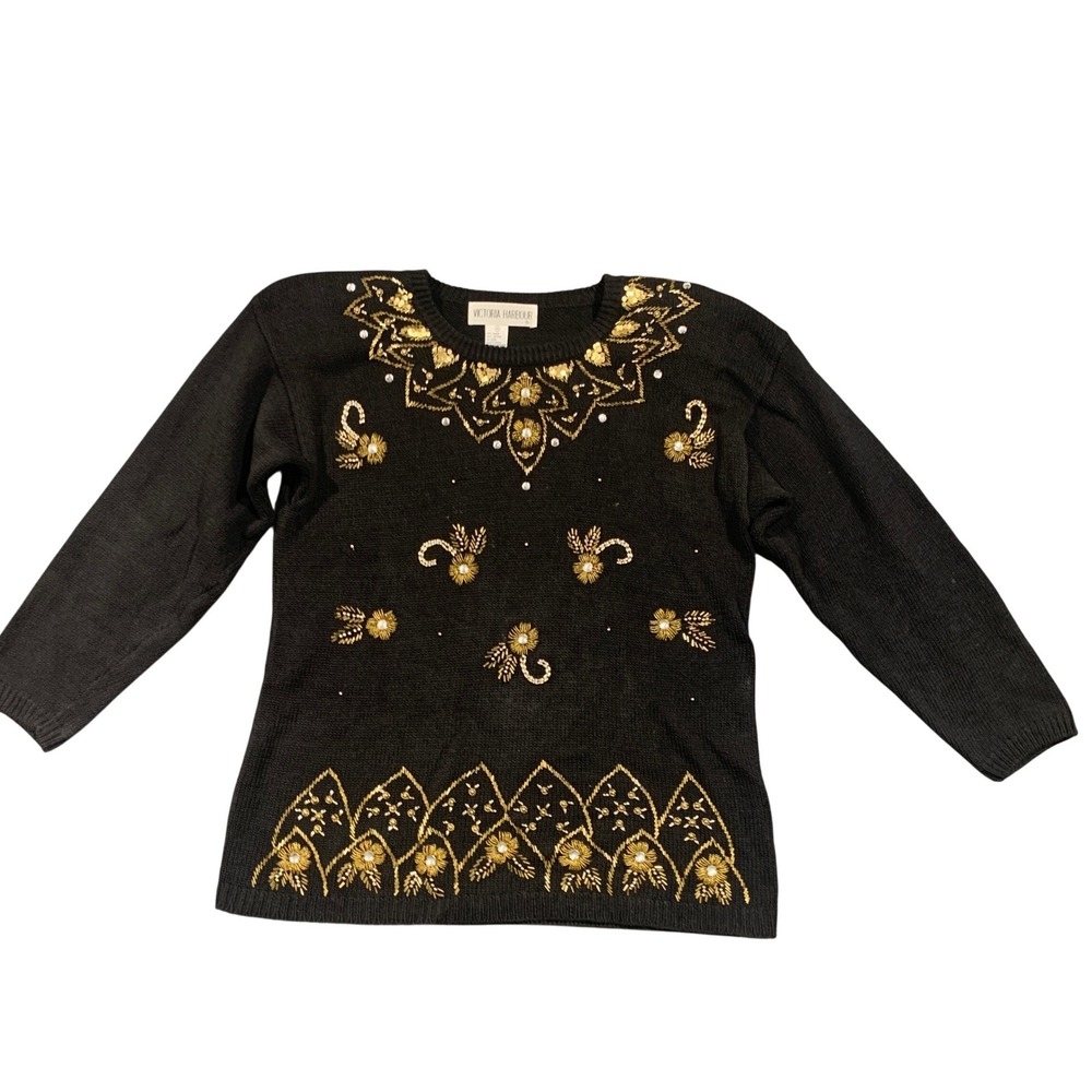 Vintage Victoria Harbour Black Gold Beaded Sequin Floral Knit Sweater Womens M